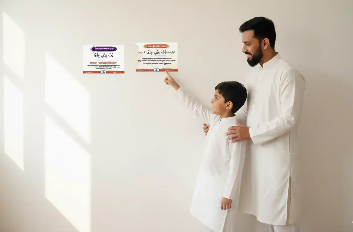 father and son with dua sticker