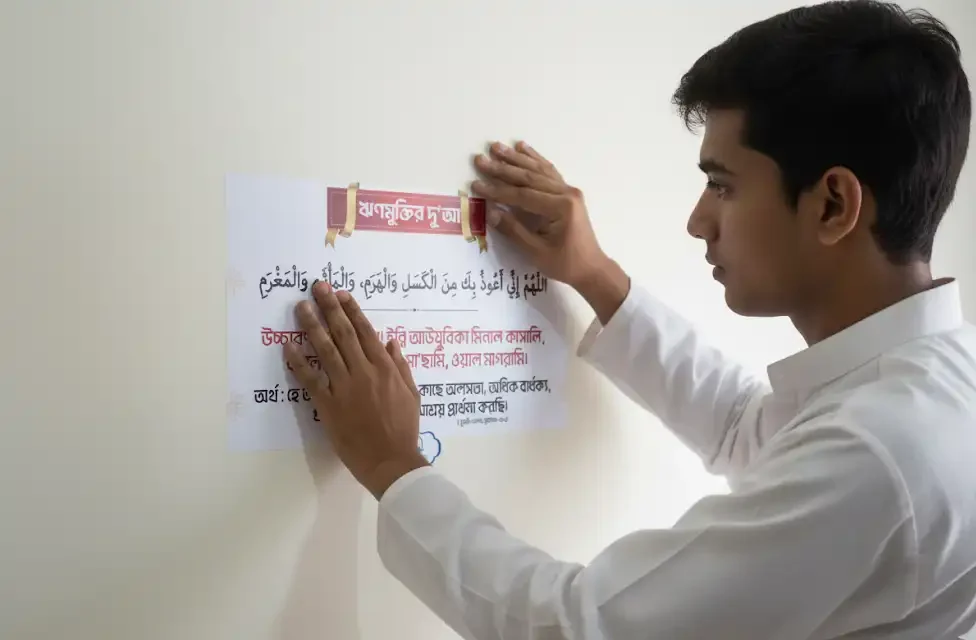 men placing dua sticker